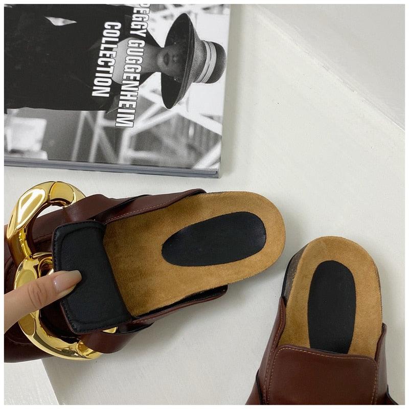 Gold Chain Detail Slip-On Mules Elegant Flat Slide Sandals