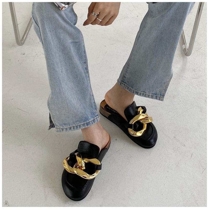 Gold Chain Detail Slip-On Mules Elegant Flat Slide Sandals