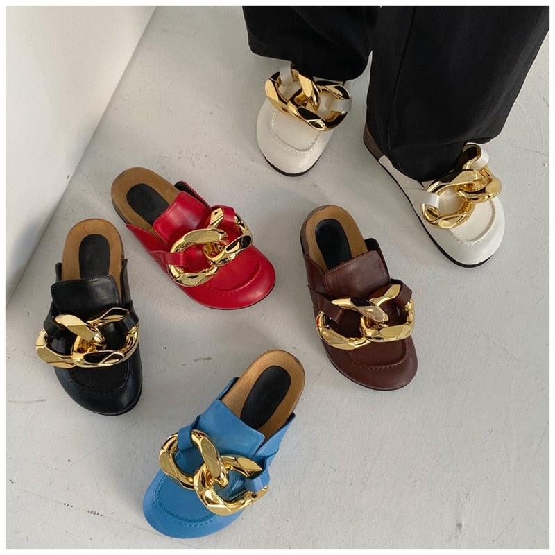 Gold Chain Detail Slip-On Mules Elegant Flat Slide Sandals