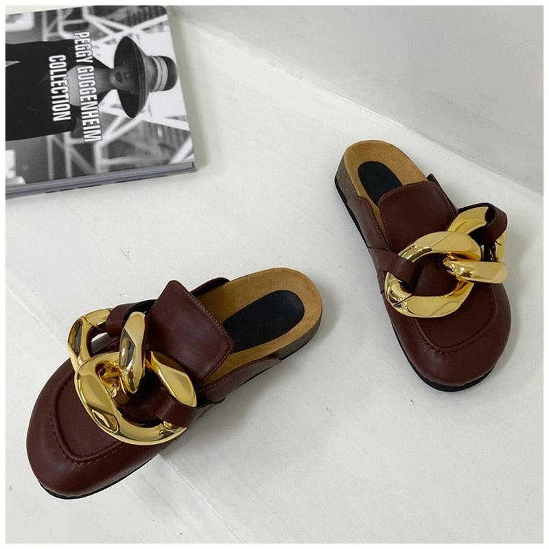 Gold Chain Detail Slip-On Mules Elegant Flat Slide Sandals