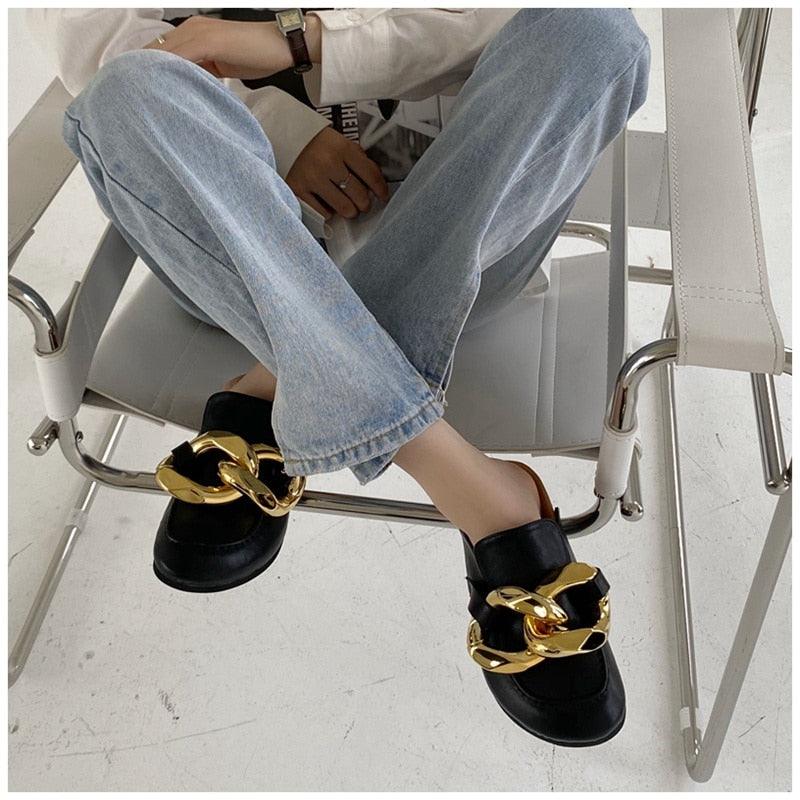 Gold Chain Detail Slip-On Mules Elegant Flat Slide Sandals