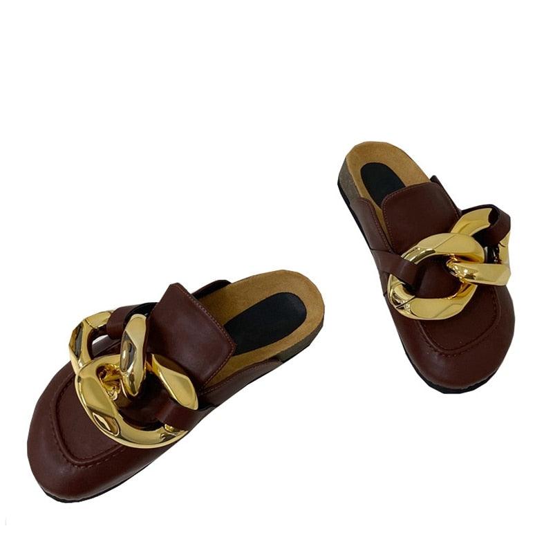 Gold Chain Detail Slip-On Mules Elegant Flat Slide Sandals