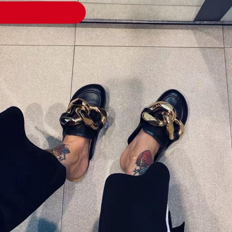 Elegant gold chain detail slip-on mules or flat slide sandals for women