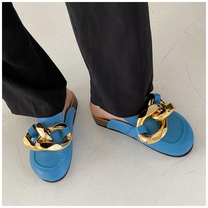 Gold Chain Detail Slip-On Mules Elegant Flat Slide Sandals