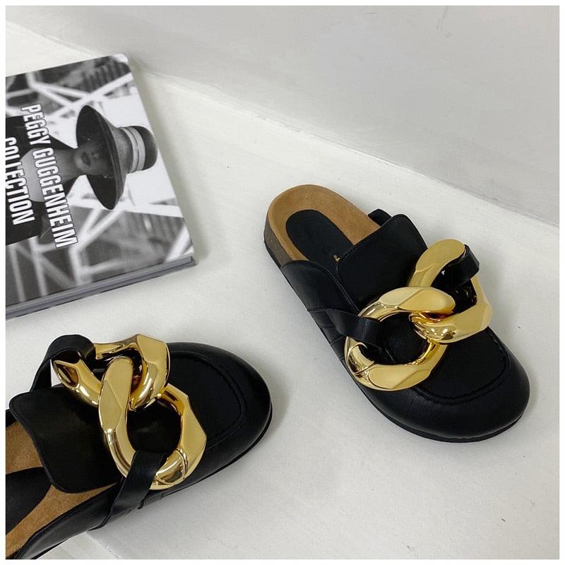 Gold Chain Detail Slip-On Mules Elegant Flat Slide Sandals