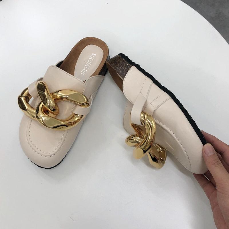 Gold Chain Detail Slip-On Mules Elegant Flat Slide Sandals