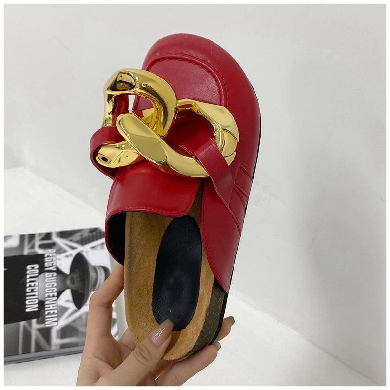 Gold Chain Detail Slip-On Mules Elegant Flat Slide Sandals