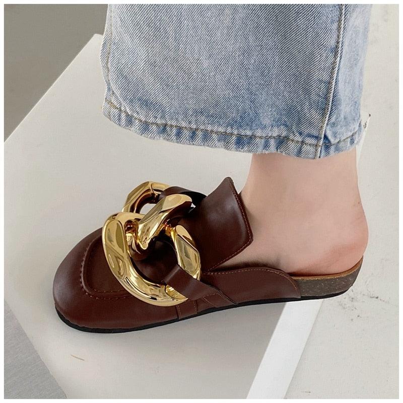 Gold Chain Detail Slip-On Mules Elegant Flat Slide Sandals