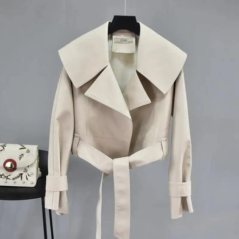 Women's Faux Leather Motorcycle Jacket with Belt and Turndown Collar