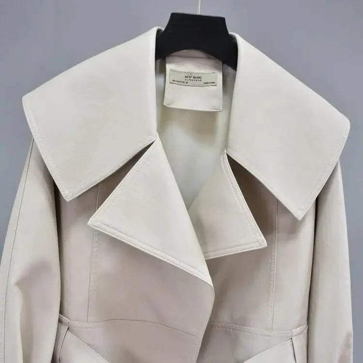 Women's Faux Leather Motorcycle Jacket with Belt and Turndown Collar