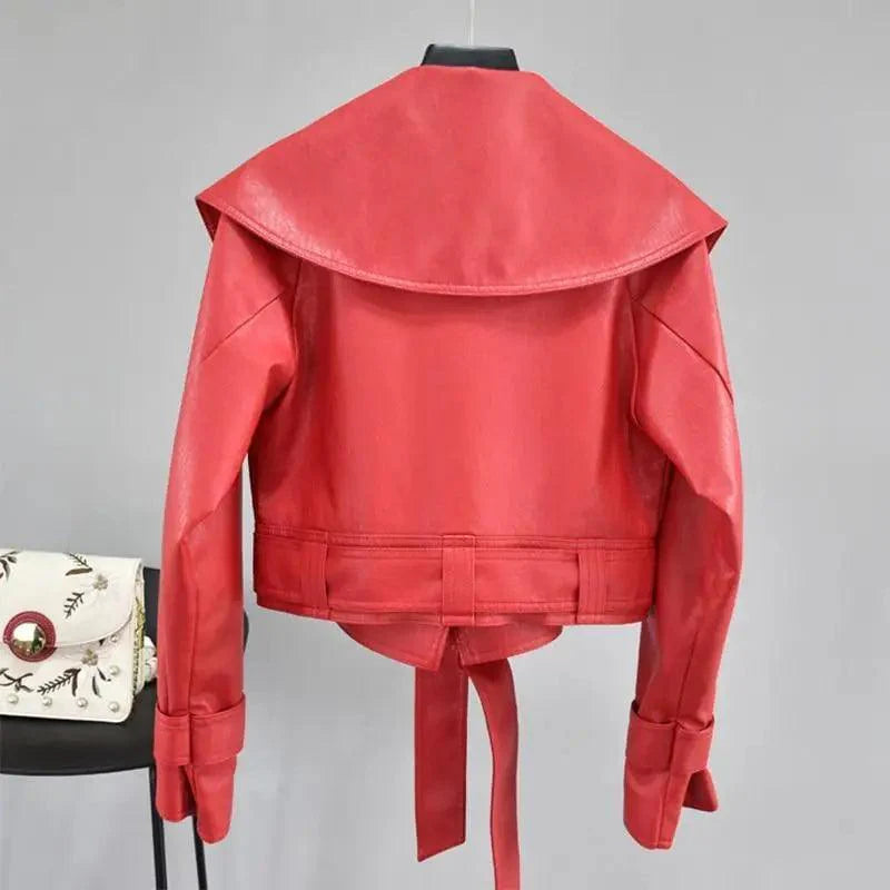 Women's Faux Leather Motorcycle Jacket with Belt and Turndown Collar