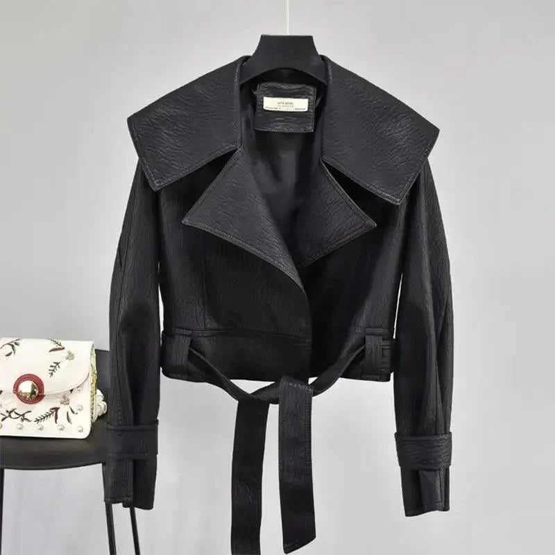 Women's Faux Leather Motorcycle Jacket with Belt and Turndown Collar