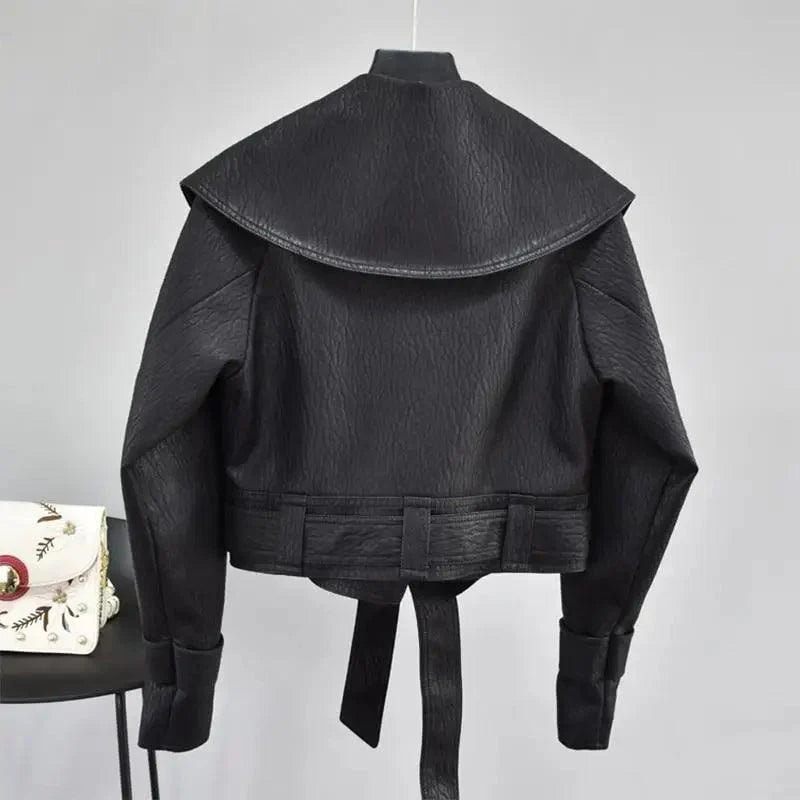 Women's Faux Leather Motorcycle Jacket with Belt and Turndown Collar