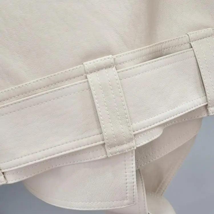 Women's Faux Leather Motorcycle Jacket with Belt and Turndown Collar