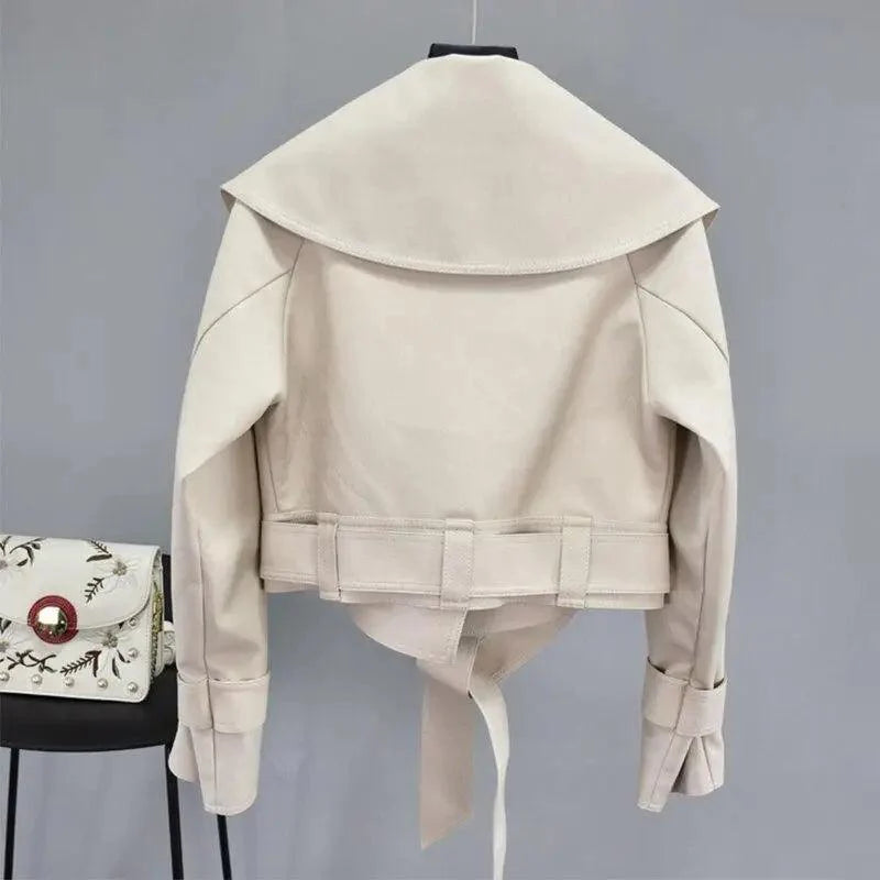 Women's Faux Leather Motorcycle Jacket with Belt and Turndown Collar