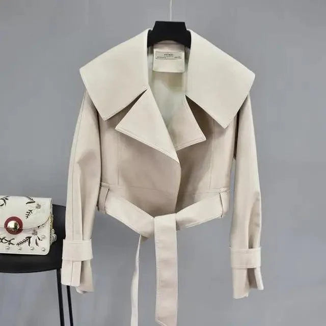 Women's Faux Leather Motorcycle Jacket with Belt and Turndown Collar