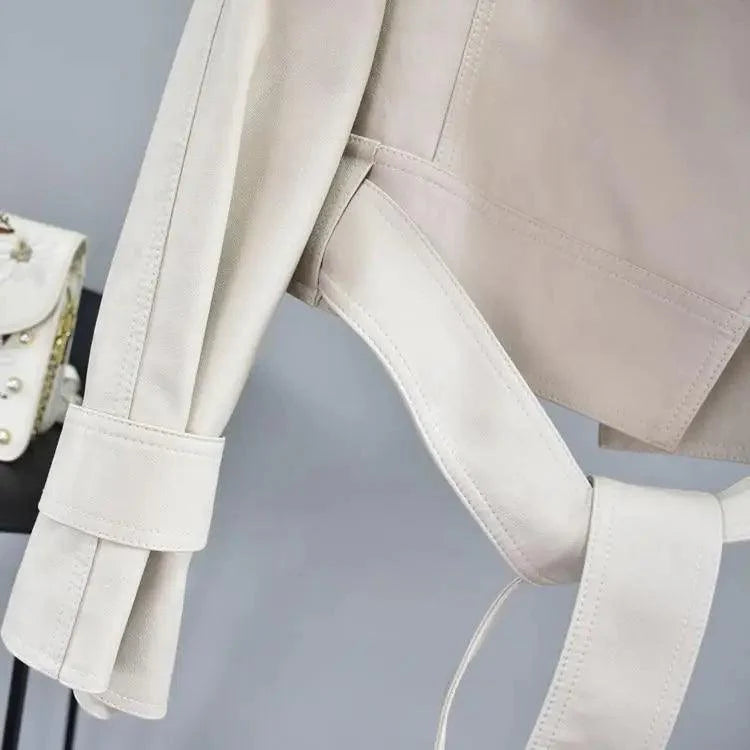 Women's Faux Leather Motorcycle Jacket with Belt and Turndown Collar