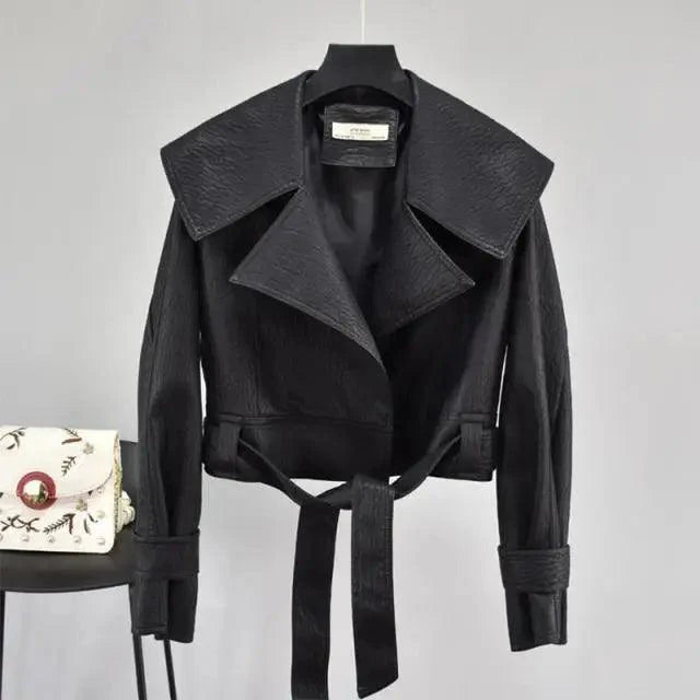Women's Faux Leather Motorcycle Jacket with Belt and Turndown Collar