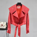 Women's Faux Leather Motorcycle Jacket with Belt and Turndown Collar