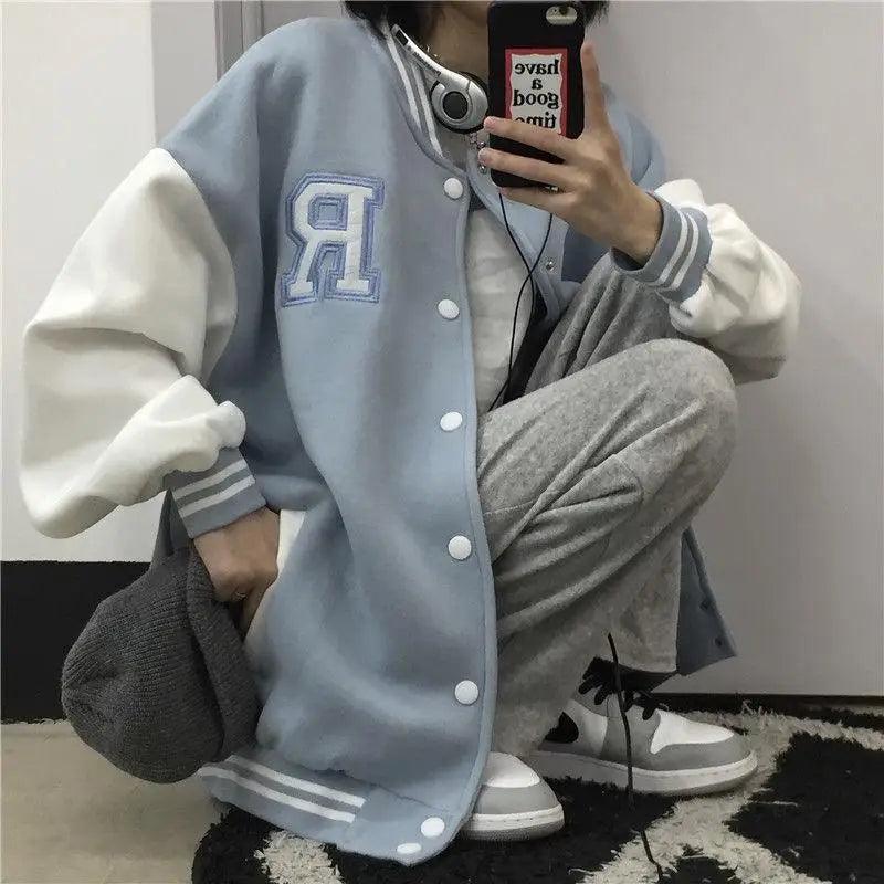 Unisex baseball bomber jacket with bear and letter embroidery in a loose streetwear fit