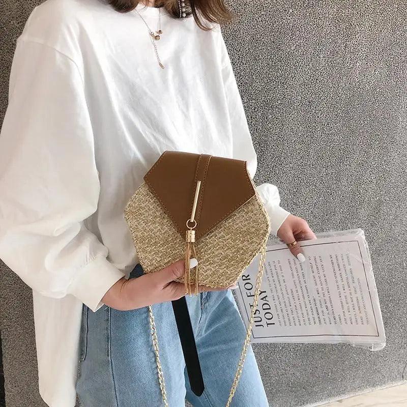 Woven Straw Circle Shoulder Bag Bohemian Summer Beach Handbag