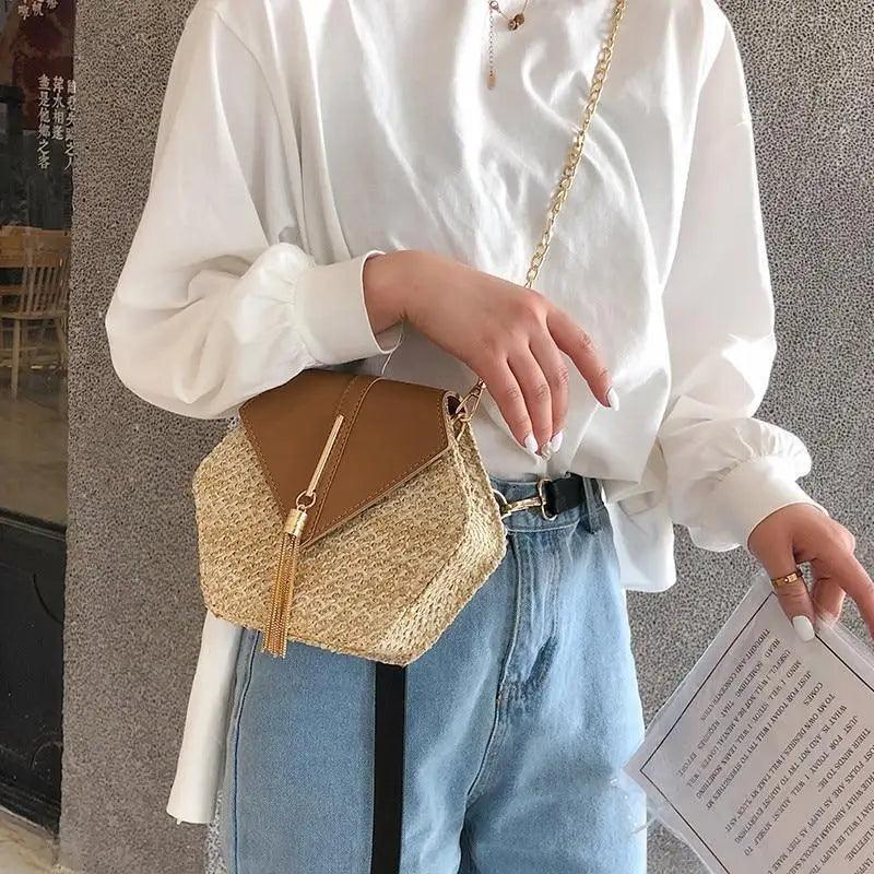 Woven Straw Circle Shoulder Bag Bohemian Summer Beach Handbag