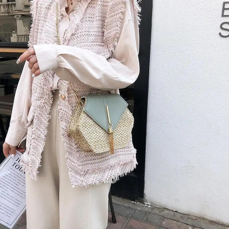 Woven Straw Circle Shoulder Bag Bohemian Summer Beach Handbag