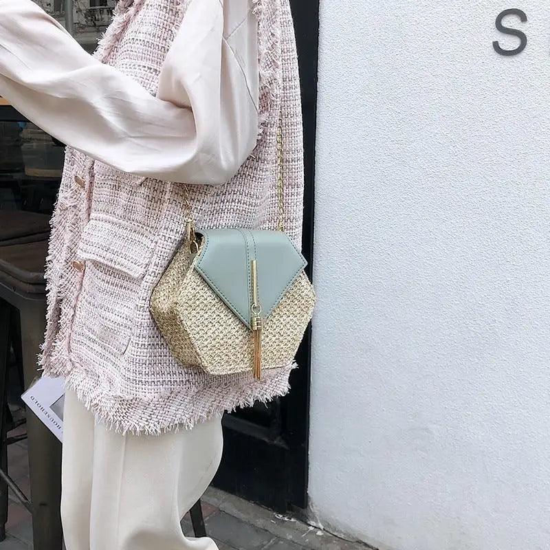 Woven Straw Circle Shoulder Bag Bohemian Summer Beach Handbag