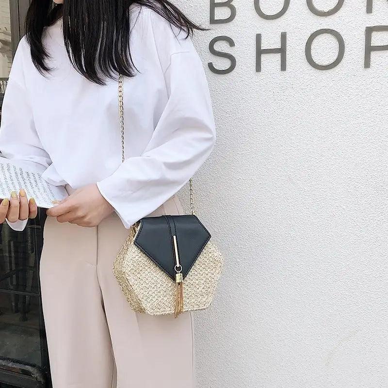 Woven Straw Circle Shoulder Bag Bohemian Summer Beach Handbag