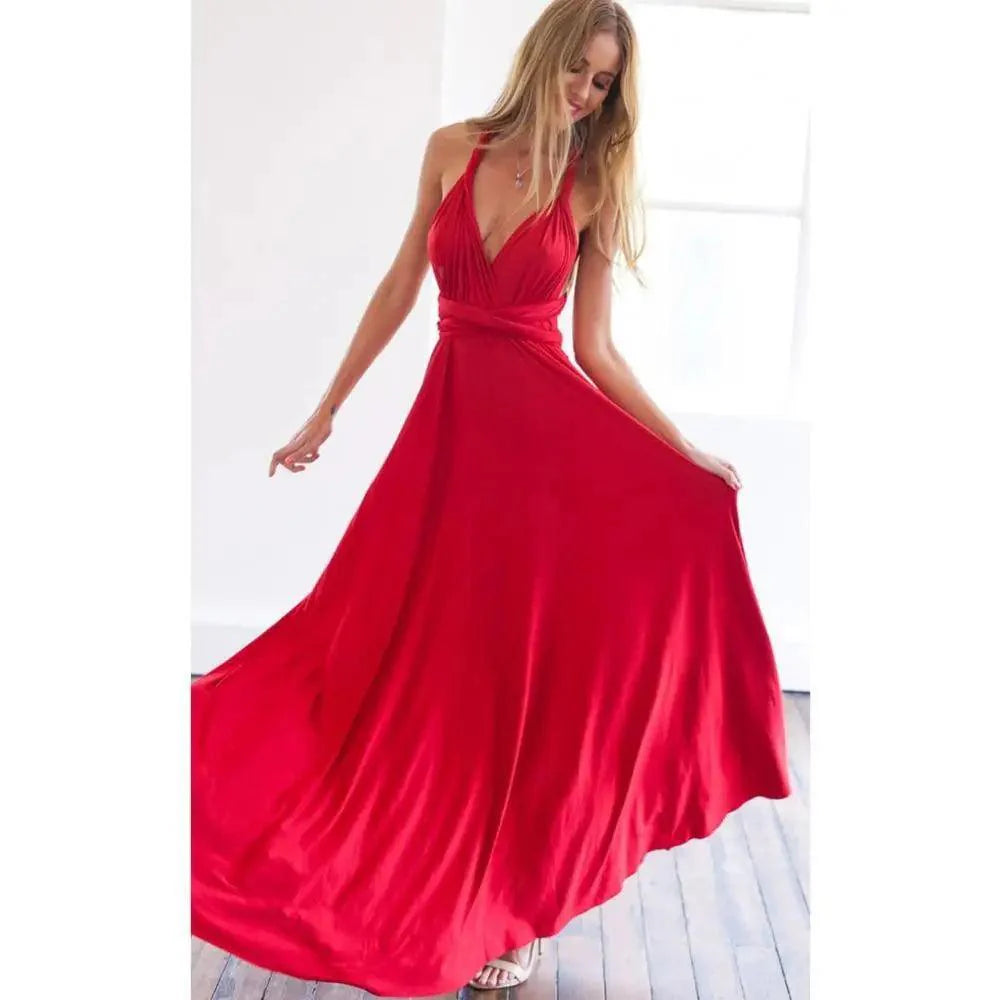 Red bohemian multiway wrap convertible maxi dress for formal events