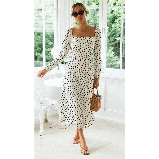 White and Black Leopard Print Long Sleeve Slit Midi Dress