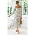 White and Black Leopard Print Long Sleeve Slit Midi Dress