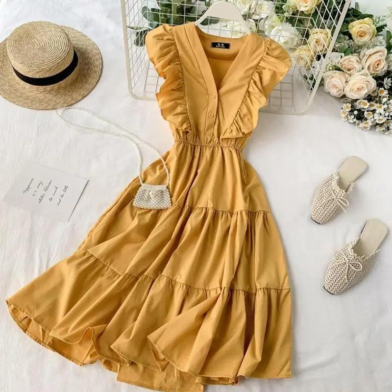 Bohemian cotton ruffle neck sundress with elastic waist in yellow, red, and pink