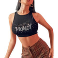 Black Rhinestone Sleeveless Crop Tank Top Summer Streetwear