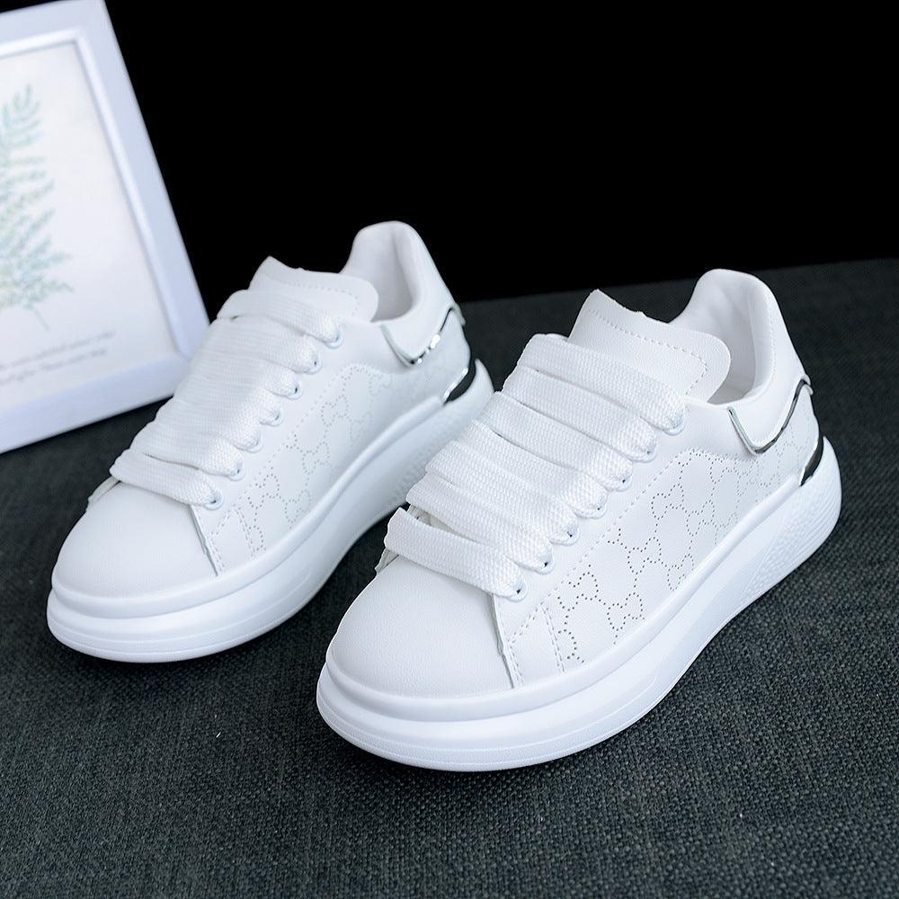 Women's White Thick Soled Casual Lace-Up Sneakers Sports Trainers