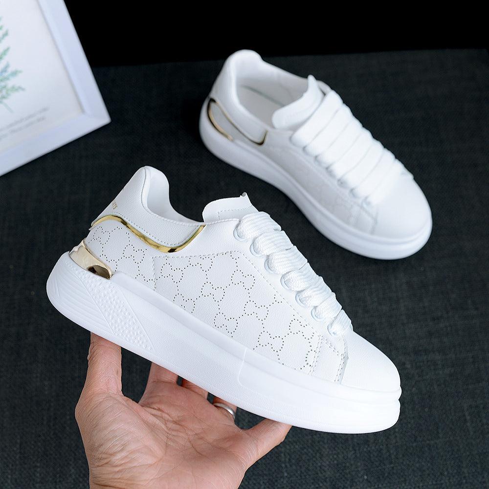 Women's White Thick Soled Casual Lace-Up Sneakers Sports Trainers