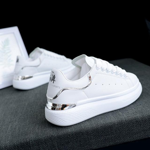 Women's White Thick Soled Casual Lace-Up Sneakers Sports Trainers
