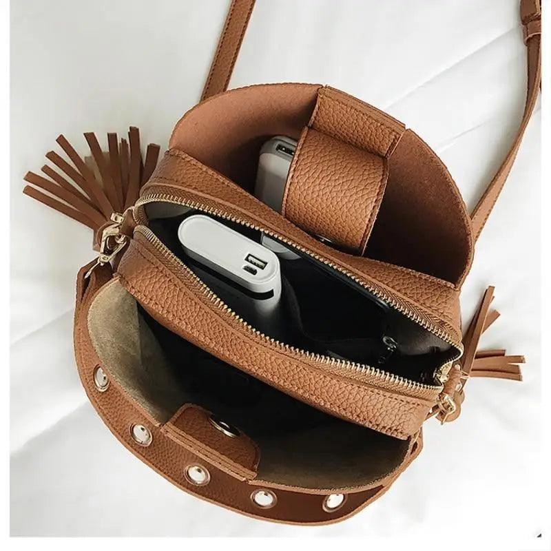 Vintage Tassel Bucket Messenger Bag with Multiple Pockets