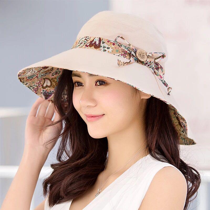 Women’s Foldable Wide Brim Sun Hat - Breathable Cotton Beach Cap