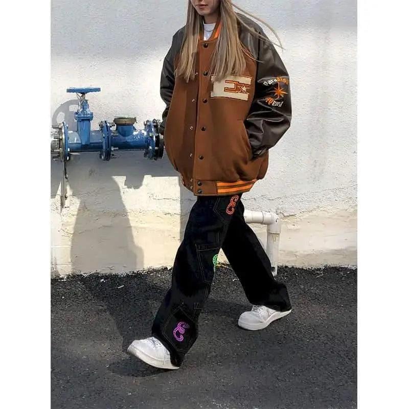 Unisex Streetwear Furry Bone Patchwork Baseball Jacket