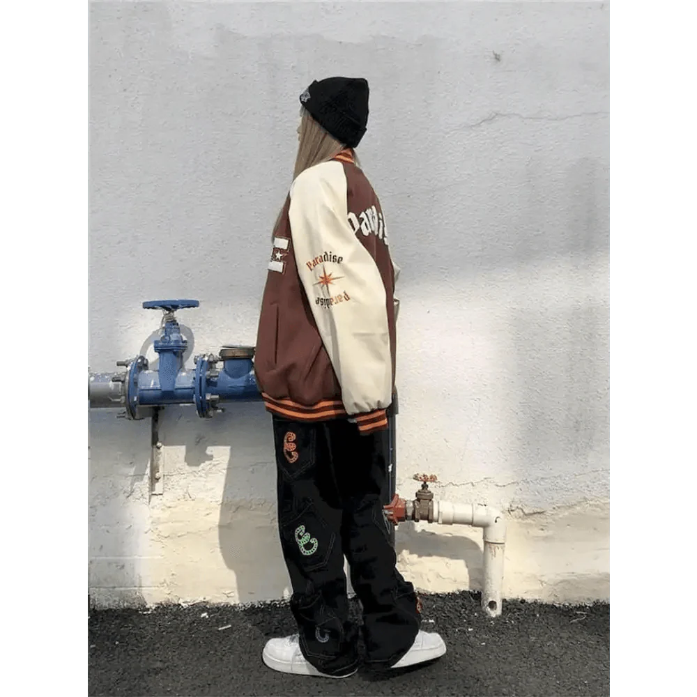 Unisex Streetwear Furry Bone Patchwork Baseball Jacket