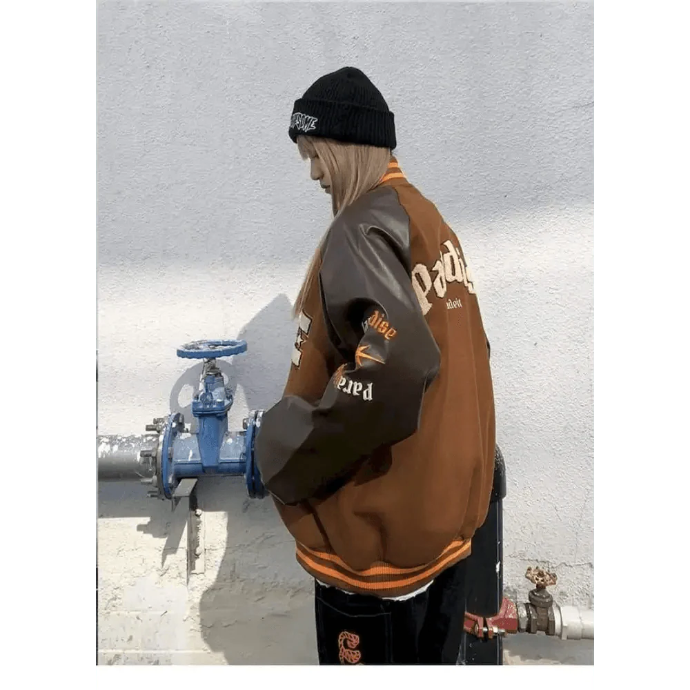Unisex Streetwear Furry Bone Patchwork Baseball Jacket