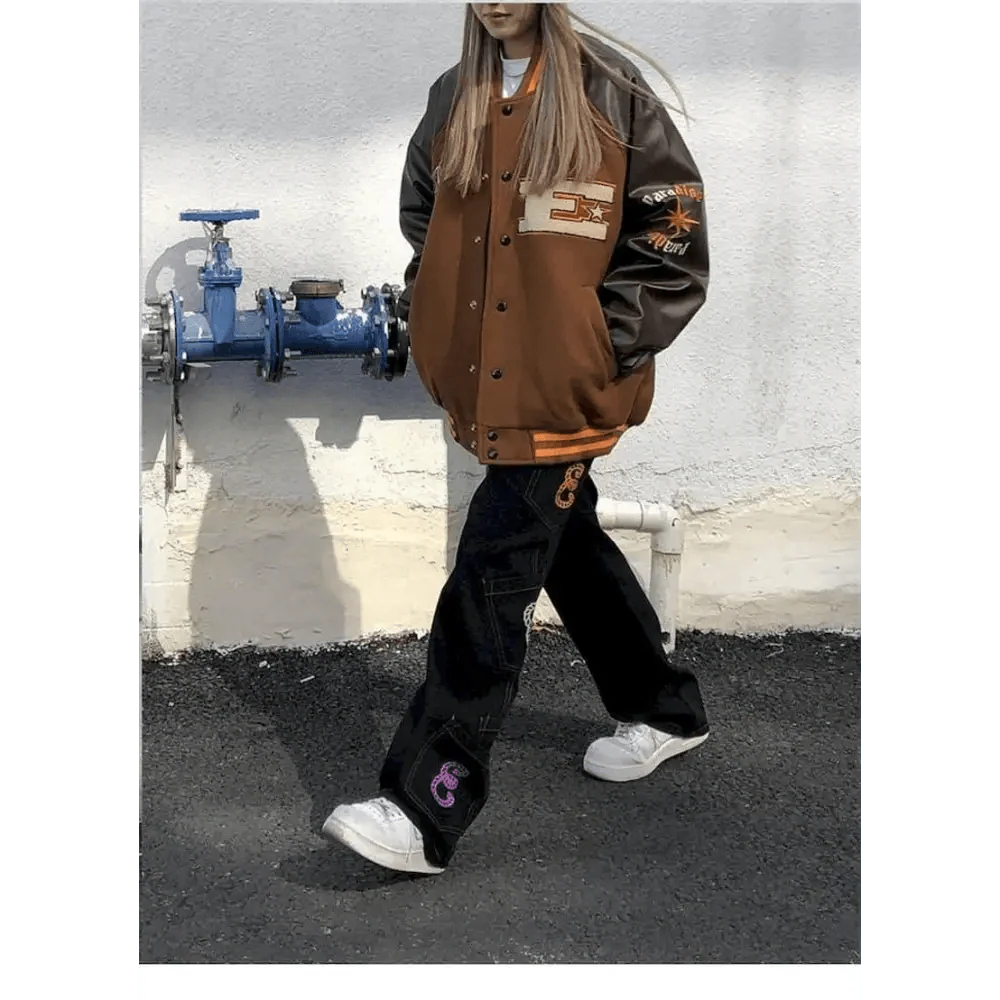 Unisex Streetwear Furry Bone Patchwork Baseball Jacket