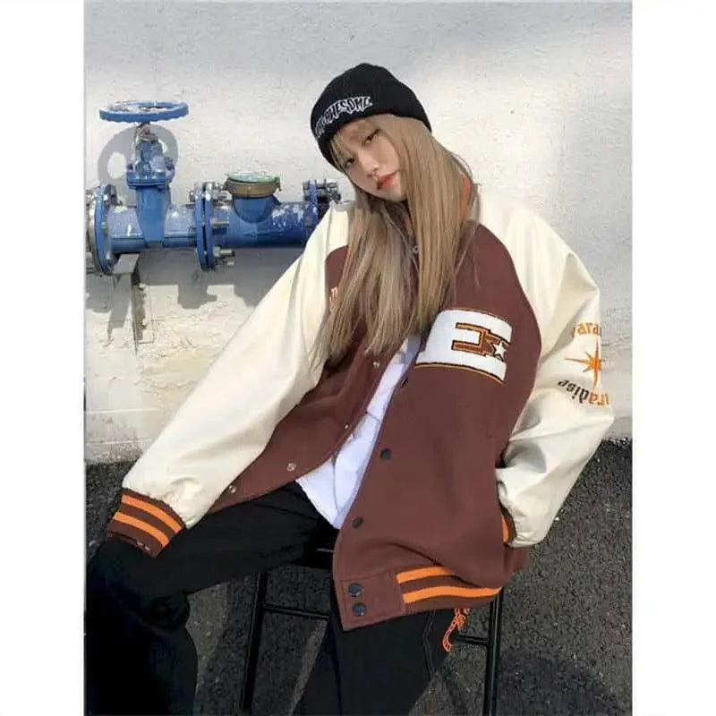 Unisex urban baseball jacket with bone patchwork and color-block design in brown and cream.