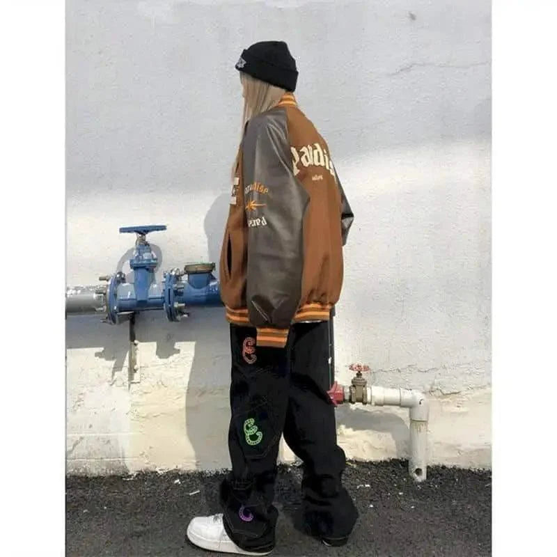Unisex Streetwear Furry Bone Patchwork Baseball Jacket