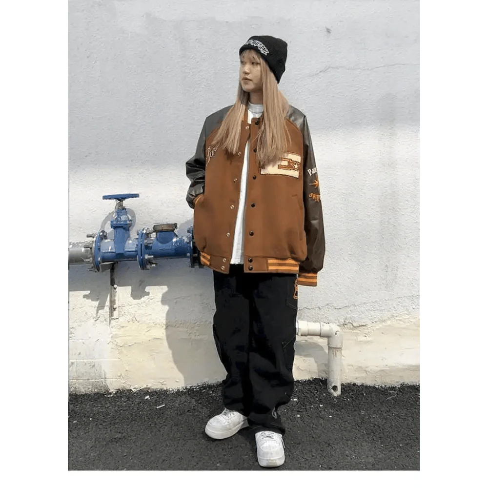 Unisex Streetwear Furry Bone Patchwork Baseball Jacket
