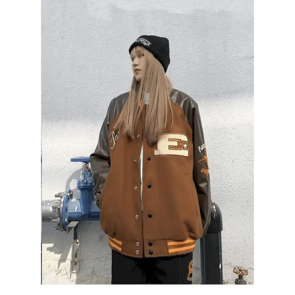 Unisex Streetwear Furry Bone Patchwork Baseball Jacket