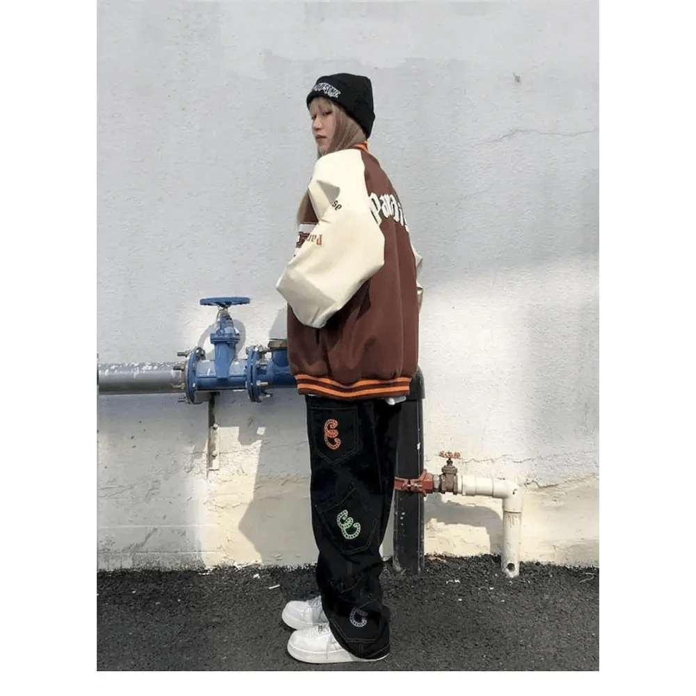 Unisex Streetwear Furry Bone Patchwork Baseball Jacket