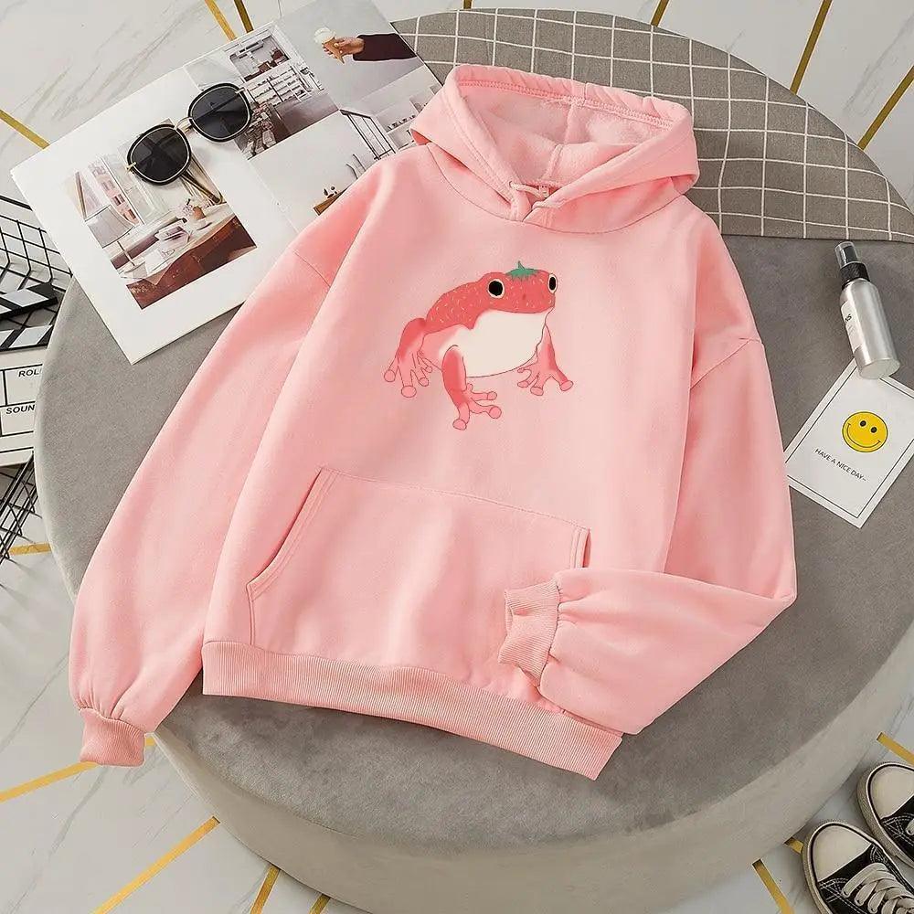 Pink oversized hoodie with a cute cartoon frog design and front pocket for girls