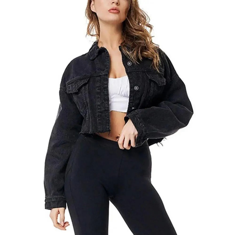 Women's Ripped Denim Jacket with Puff Sleeves Vintage Short Coat
